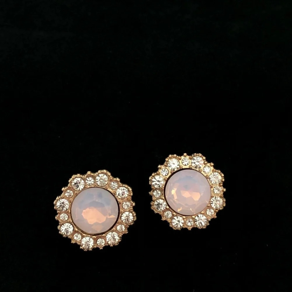 Gold tone Round Light Pink Rhinestone Earrings
